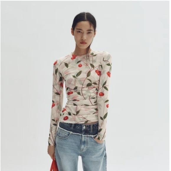 H&M Tops - Stella McCartney x H&M Cherry Print Ruched Mesh Long Sleeve Top Cream Red | L